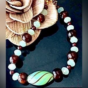 Chocolate Brown Miracle with Mint Green and Striped Art Glass Beaded Bracelet 8"